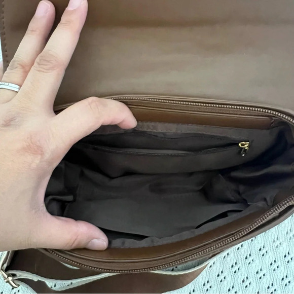 Vegan Leather Crescent Shoulder handbag with Adjustable Guitar Strap Brown - Picture 6 of 10